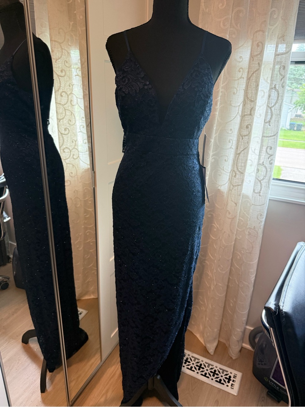 Emerald Sundae Navy Lace V-Neck Spaghetti Strap Maxi Dress